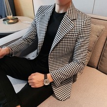 22秋季新款男士男装英伦修身休闲时尚单排扣商务西装青年格子外套
