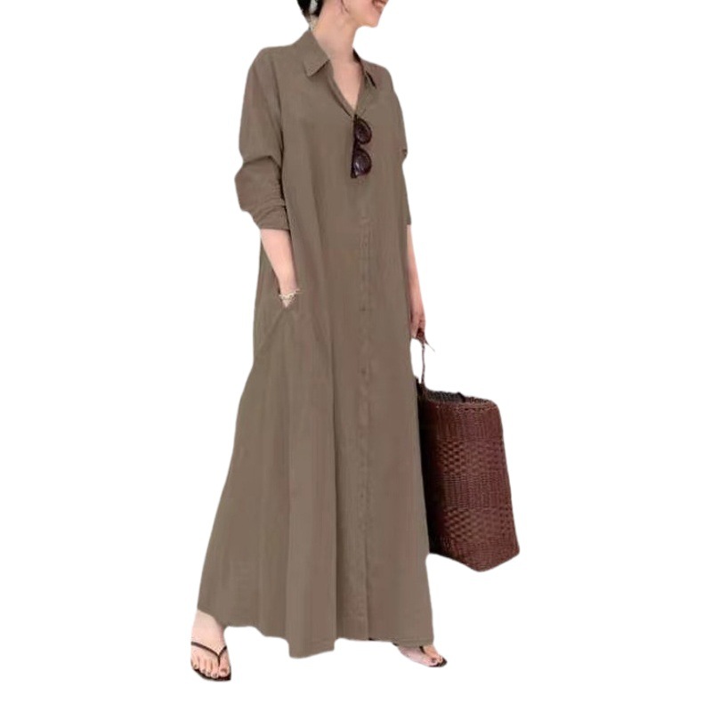 ヨーロッパとアメリカの新しいカジュアルルーズ女性のソリッドカラーラペル長袖ポケットシンプルなロングドレスドロップシッピング