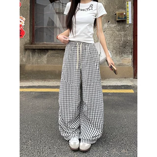秋季新款慵懒风格子泡泡纱弯刀阔腿伞兵裤休闲裤运动长裤垂感显瘦