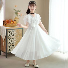 女童夏裝連衣裙夏季2024新款短袖兒童雪紡裙子洋氣時尚中大童長裙