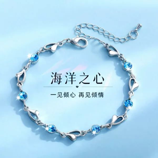 2025 Korean Version of the Ocean Heart Blue Crystal Heart-Shaped Bracelet for Women with Diamond-Encrusted Blue Zircon Heart Necklace, Exclusively Available for Cross-Border Sales