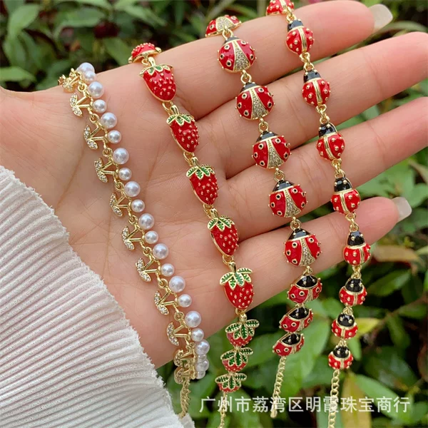 18K Gold-Plated Copper Cherry Ladybug Bracelet, Cute Style, Cross-Border Original Design, Adjustable, Women's Luxury Wholesale