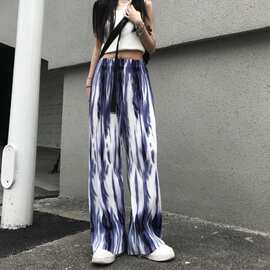 大码女装轧染设计感休闲裤女2026新款压褶风格新款条纹阔腿拖地裤