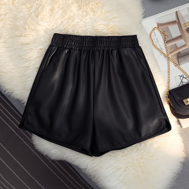 2023 autumn and winter PU leather shorts women's small elastic high waist A- line wide-leg pants slim outer wear bottoming boot pants