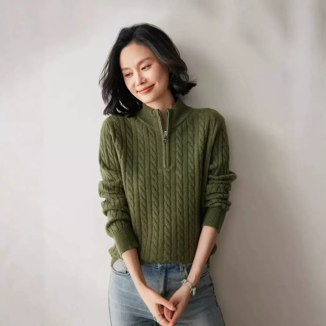 不挑肤色身形~立领半拉链羊绒毛衣女秋冬套头绞花软糯外穿针织衫