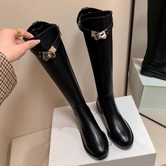 法式绝美锁扣骑士靴子皮靴高筒靴长筒靴洋气长靴女2025秋冬季新款