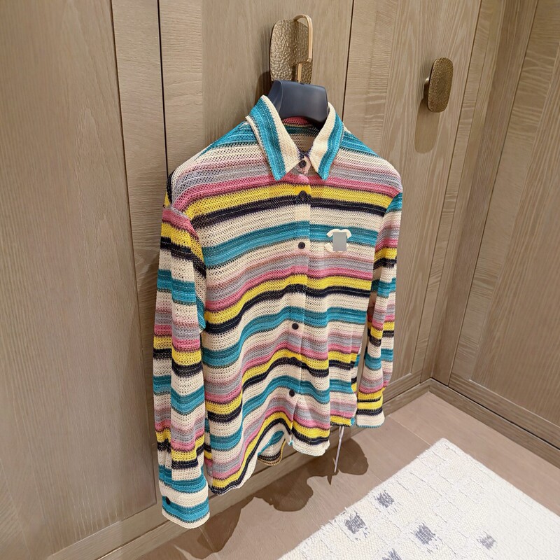 2026 New Rainbow Striped Turn-Down Collar Knit Sweater for Women, Color-Contrast Long Sleeve Slim Fit Versatile Top in Chanel Style