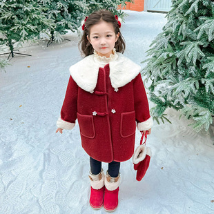 Girls' Coat Winter 2024 New Children's Western Style Winter fleece-lined Thickened Red Year Suit Long Coat