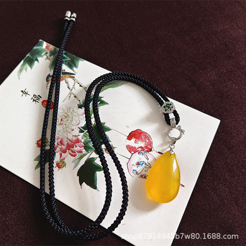 은색 금속 고급 로프가 있는 노란색 칼세도니 물방울(약 31*18mm)