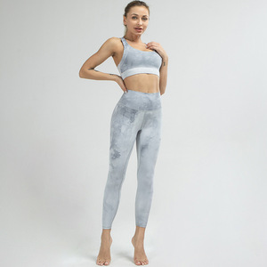 现货！欧美热销裸感扎染瑜伽美背套装专业运动跑步健身文胸套装女