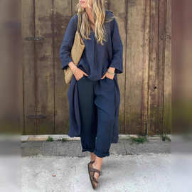 2025亚马逊独立站欧美爆款女装夏季口袋V领2件套纯色宽松跨境女装