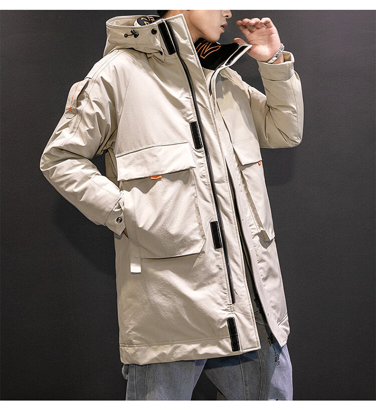 Men's Long Winter Workwear Down Jacket With Hood, Lightweight Warm Parka Coat For Cold Weather, Water-Resistant Polyester Shell, Machine Washable_voghion.com