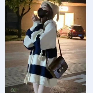 韩系新款撞色连帽针织卫衣条纹宽松慵懒风春秋学院风中长款毛衣女