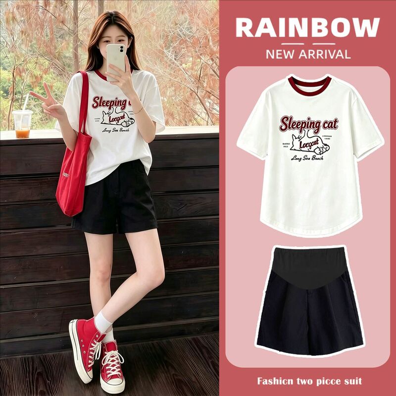 Maternity Wear Printed Short-Sleeved T-Shirt Set 2026 Summer New Style Curved Hem Half-Sleeved Color-Blocked Top Two-Piece Set