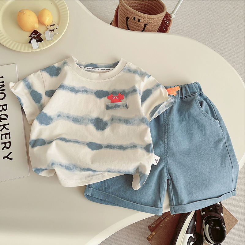 Children's Wear Children's Summer Short-sleeved suit New Korean-style Striped Printed T-shirt Soft Denim Shorts Summer Two-piece Set