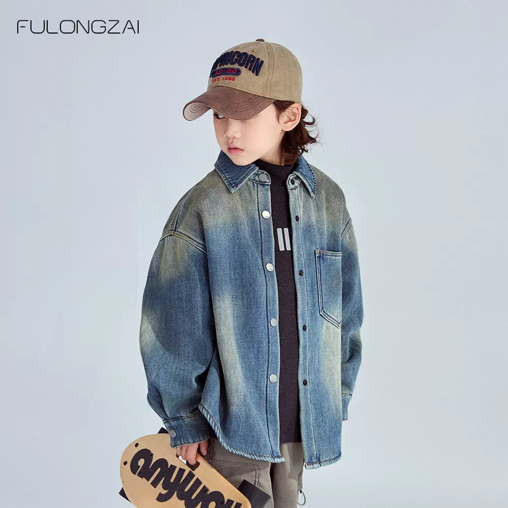 FULONGZAI 亲子童装冬季男女童中大童宽松加绒加厚儿童牛仔衬衫