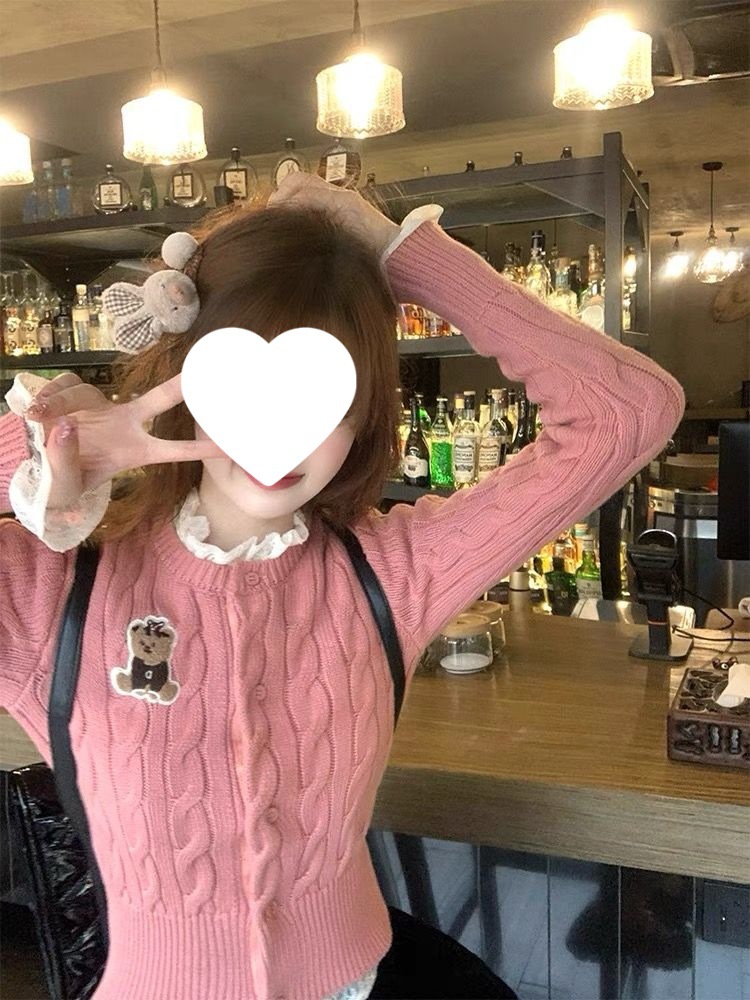 College Style Embroidered Bear Short Slim Knitted Cardigan for Women + Lace Bottoming Shirt + Plaid Skirt Three-Piece Set