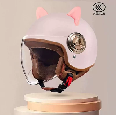 Motosiklet kaskı (dəbilqə): All Seasons, Winter Motorcycle Retro Helmet - 801-new-national-standard-class-a-3c-certification-soft-mist-powder-long-mirror-pink-rabbit-ears-free-size