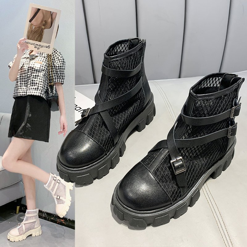 2021夏季厚底后拉链欧美凉靴女透气ins短筒女靴中跟网布女鞋批发