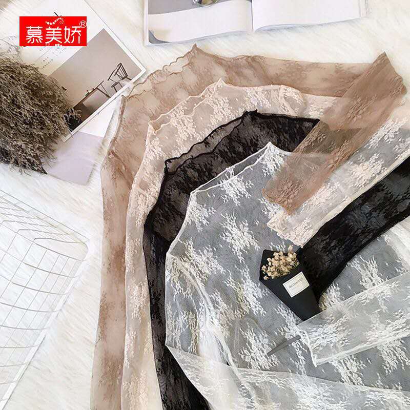 사계절 활용도 높은 레이스 메쉬 시스루 밑단 셔츠, 하프 터틀넥 한국식 이너 레이스 셔츠, 속이 빈 요정 긴팔 셔츠