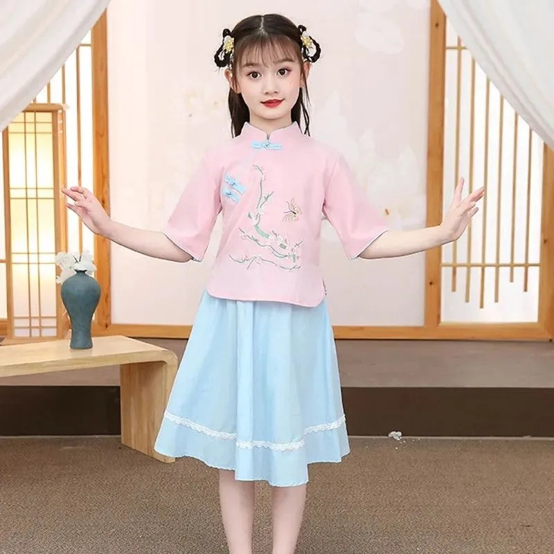 儿童古风复古汉服女童春夏装中国风两件套小女孩超仙短袖夏季套装