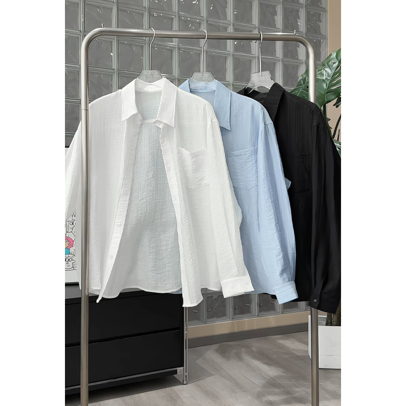 Hong Kong-style Retro Textured Thin Shirt, 2026 Spring New Model, Large Size, Solid Color, Collared, Long-sleeved,_voghion.com