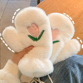 韩国ins可爱小熊毛绒冬季卡通保暖加厚包指少女可爱连指手套保暖