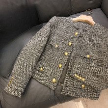 跨境高颜值格纹小香风~重磅推荐！金扣复古绿粗花呢气质短款外套