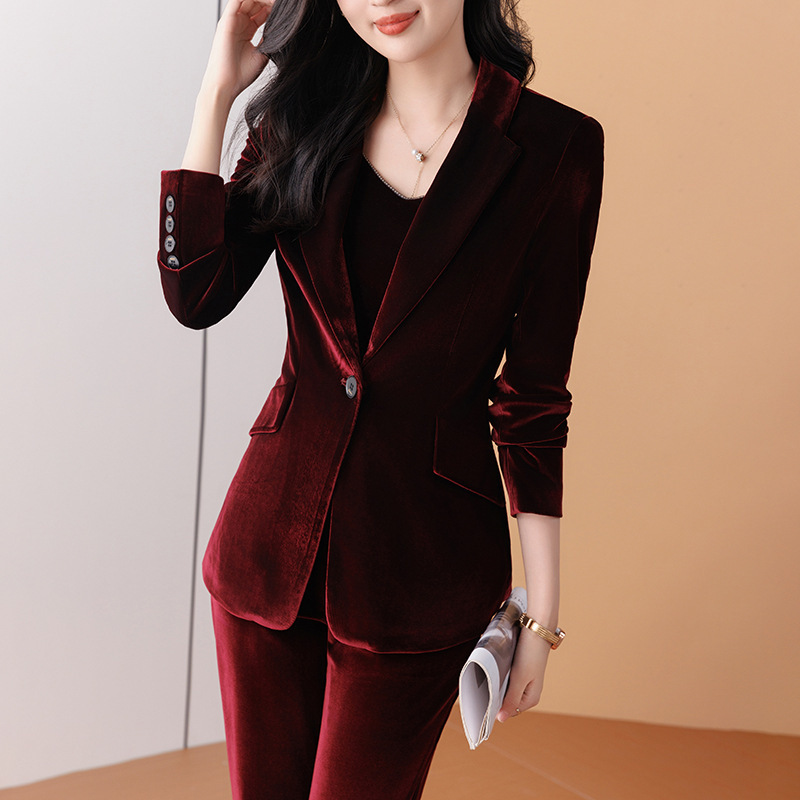 Cross-Border High-End Elegant Goddess-Style Blazer for Women, New Spring and Autumn Fashion Velvet Suit, Professional Attire Set