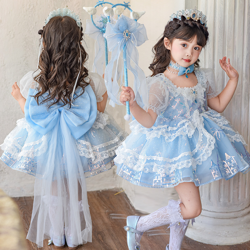 Girls Frozen Lolita Elsa Princess Tutu Skirt Summer Short Sleeve Princess Dress Children's Dress Skirt