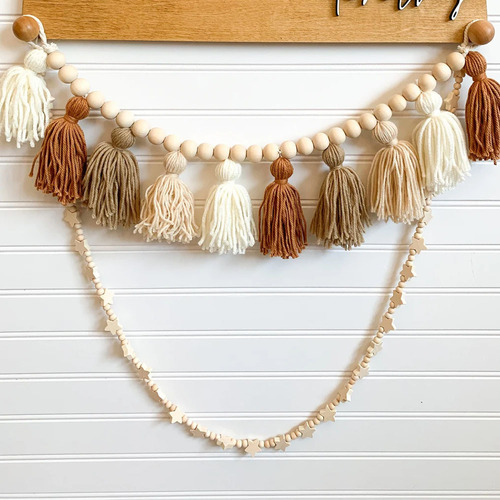 ins Nordic style hand-woven wooden beads string wool tassel string home children's room decoration wall hangings wall hangings