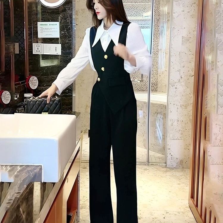 2025 Spring New Style Elegant Lady Suit Jumpsuit Suit Women's Suspenders Wide-Leg Pants Women's High-Waist Draped Two-Piece Set
