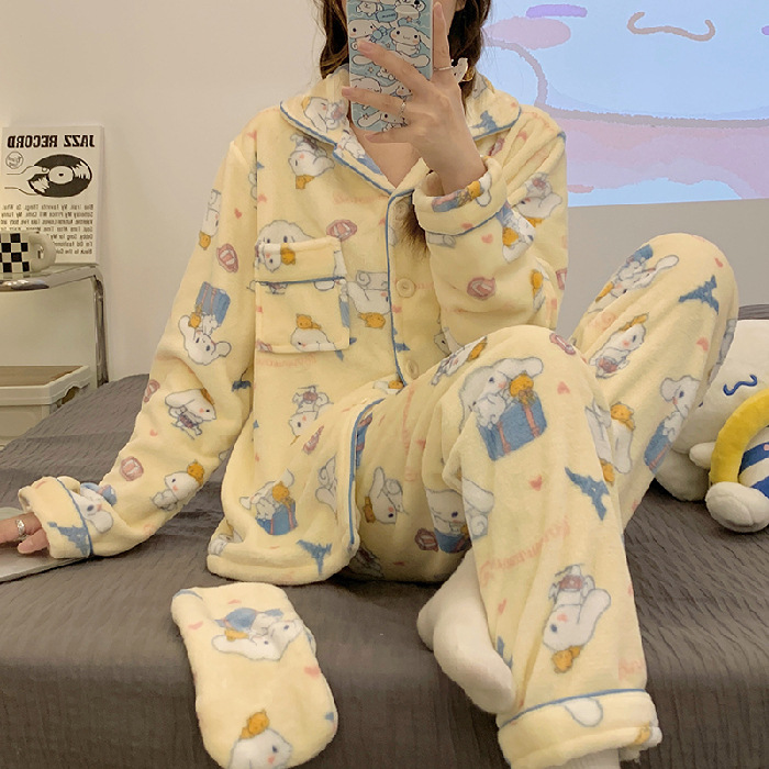 Rayas yugui perro pijamas de franela las mujeres japonés otoño y el invierno cardigan manga larga con máscara ojos dibujos animados homewear caliente conjunto