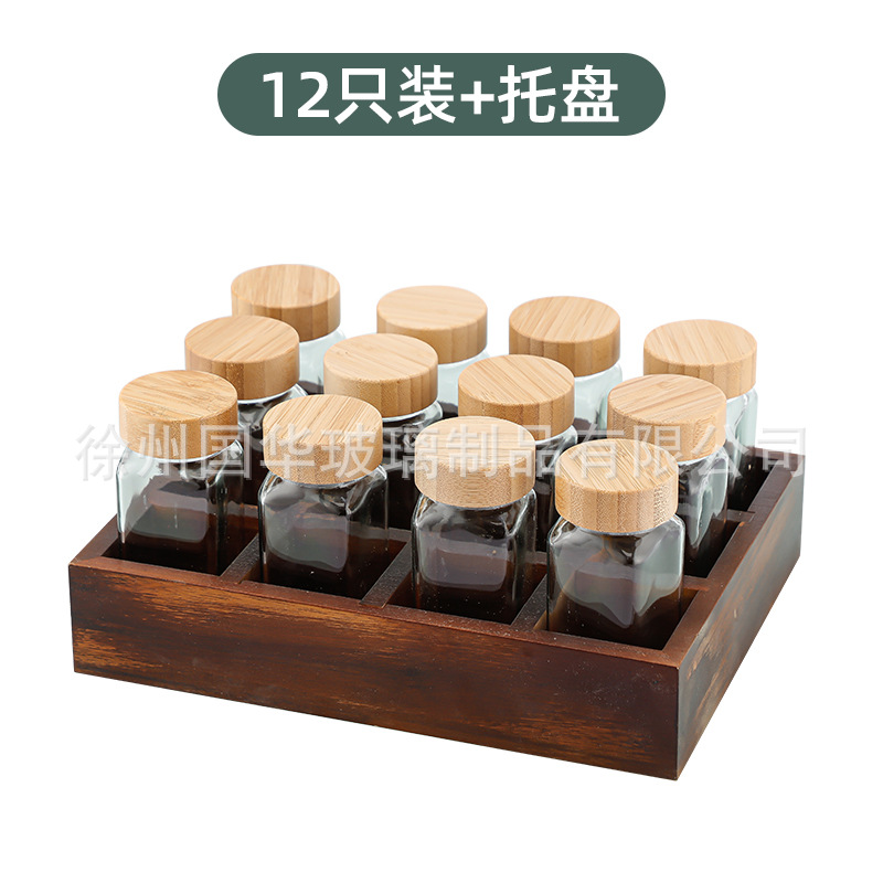 Botella de condimento cuadrada de 120ml de vidrio de cocina bambú Acacia 40oz condimento de vidrio con estante