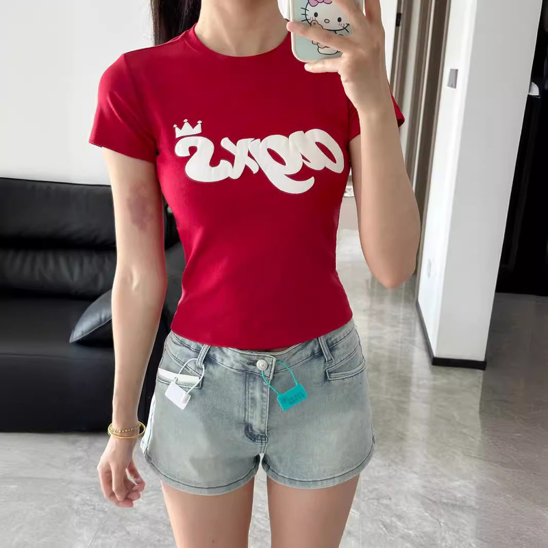 [40 210g combed 95% cotton + 5% spandex back collar] slim fit slim shoulder short sleeve T-shirt women's red
