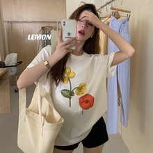 THE LEMON柠檬绿茶韩系ins花朵圆领宽松短袖T恤女夏时尚休闲上衣
