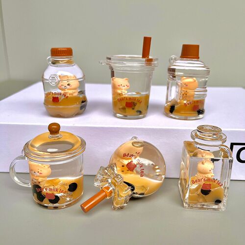 Fashionable Pearl Milk Tea Bear Keychain Quicksand Bottle Key Pendant Desktop Ornament Jewelry Bag Pendant Wholesale