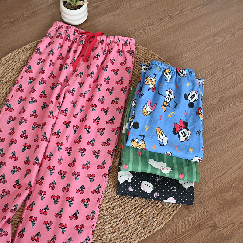 Brushed Cotton Women's Pajama Pants Spring and Autumn New Mickey Cherry Cute Home Pants Loose Soft Straight-Leg Lounge Pants