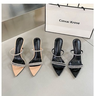 Rhinestone Pointed Toe Strap Sandals for Women Outer Wear Stiletto Heel 2025 Crystal Open Toe High Heel Versatile Holiday Sandals