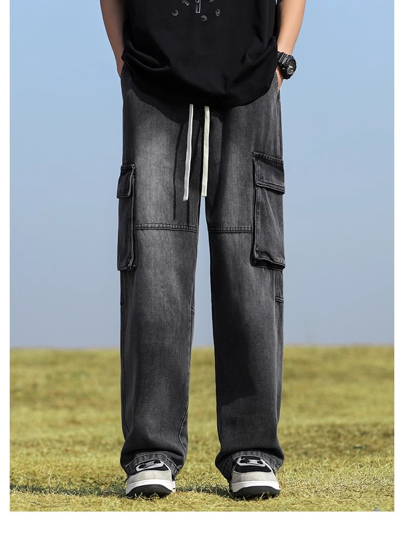 ​​Men’S Cargo Jeans – Vintage Washed Denim Pants With Patchwork & Multi-Pockets​​ Relaxed Straight Fit​​_mkmklike.com