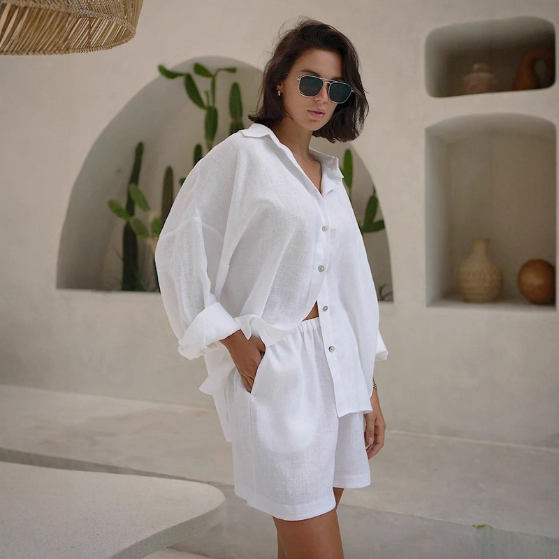 Cross-border Cotton and Linen Shirt suit Europe and America Summer Women's Holiday Casual Loose Long-sleeved Shirt Shorts suit
