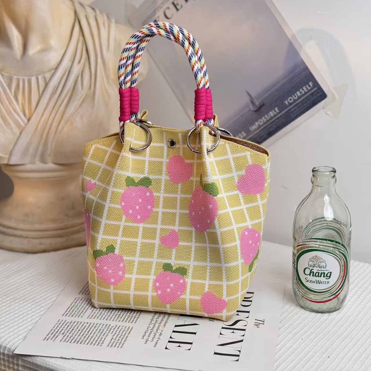 Bolsa de punto bolsas de dibujos animados para mujeres lindas bolsas de regalo de mano bolsas de bocadillos prácticas versátiles bolsas de cubo baratas gran capacidad