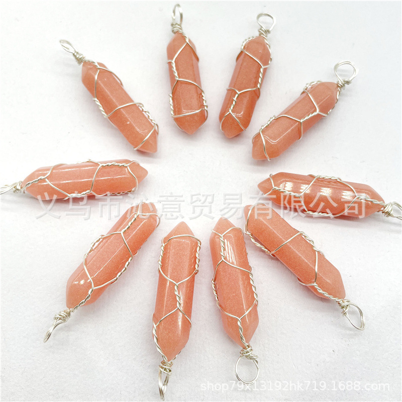 Comercio exterior caliente bobina hexagonal columna colgante collar de cristal natural hecho a mano de plata hilo bala joyería al por mayor