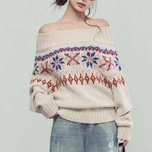 复古尔岛提花粗针一字肩宽松厚实秋冬毛衣