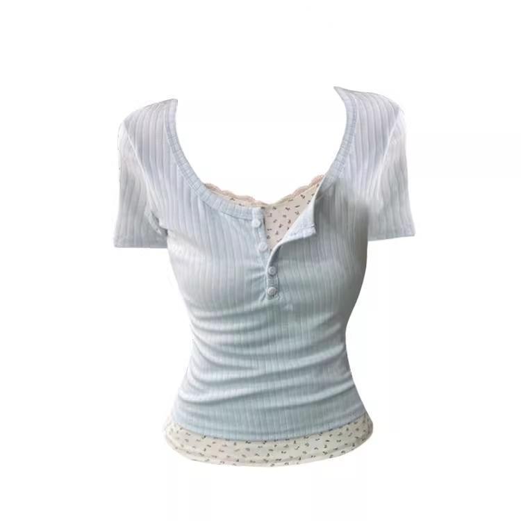 Half-Open Collar Faux Two-Piece Floral Short-Sleeve T-Shirt for Women, Summer New Design with Lace, Regular Shoulder Fit, Slimming Top Half-Open Collar Faux Two-Piece Floral Short-Sleeve T-Shirt for Women, Summer New Design with Lace, Regular Shoulder Fit, Slimming Top