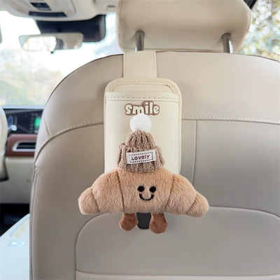 and rear seat cup holder | Car cup holder/beverage holder - off-white-leather-cup-holder-with-hook-and-croissant-brown-hat