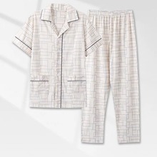 男士睡衣夏季100%纯棉短袖长裤薄款夏天大码男全棉可外穿家居服