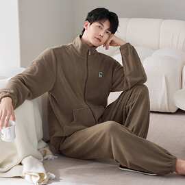 双弹摇粒绒男士立领拉链睡衣加厚保暖珊瑚绒可外穿男生家居服套装