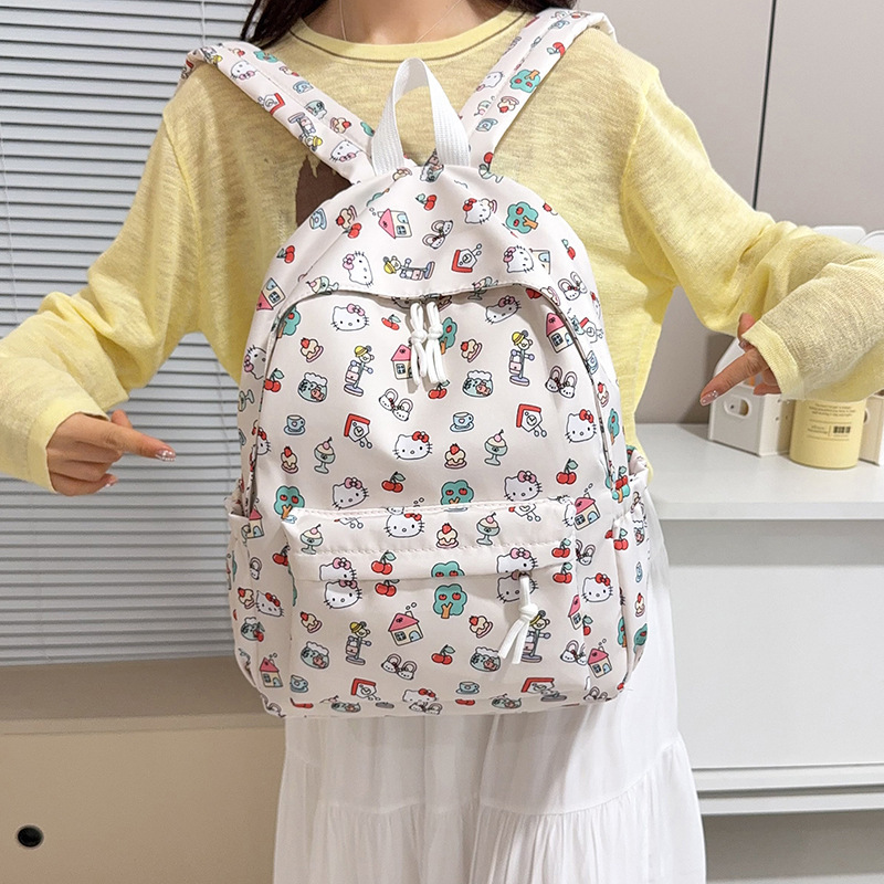 Cute Hello Kitty Backpack for Female Students, Lightweight Large Capacity Casual Backpack, Cream Color Drawstring