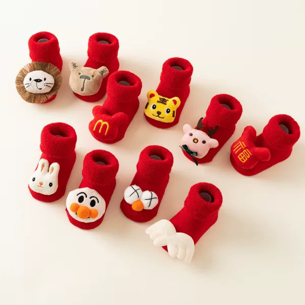 Newborn baby socks autumn and winter baby warm fleece-lined red Terry non-slip Christmas floor socks toddler socks
